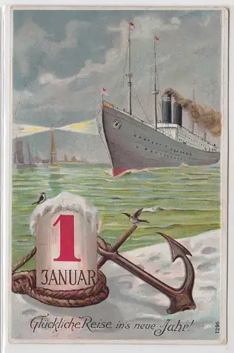 94082 Präge Glückwunsch AK Glückliche Reise ins neue Jahr! 1. Januar 1911