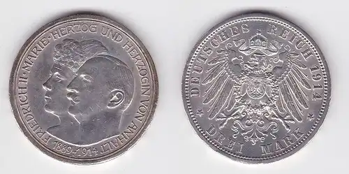 3 Mark Silbermünze Anhalt Silberhochzeit 1914 Jäger 24  (124412)