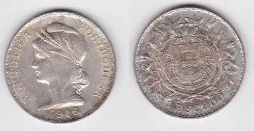 1 Escudo Silber Münze Portugal 1916 vz KM 564 (142773)