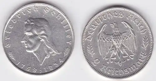 2 Mark Silber Münze Friedrich von Schiller 1934 F (125536)