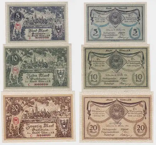 5, 10 und 20 Mark Banknoten Notgeld Stadt Ulm 1918 (120716)