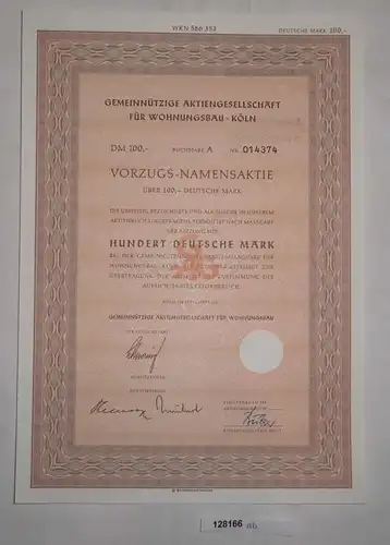 100 Mark Vorzugs-Namensaktie gemeinnützige AG für Wohnungsbau Köln 1955 (128166)