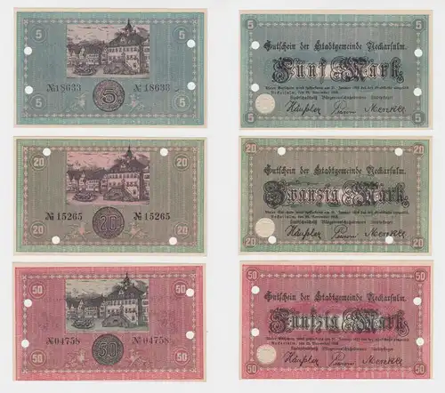 5, 20 & 50 Mark Banknoten Notgeld Stadtgemeinde Neckarsulm 15.11.1918 (135474)