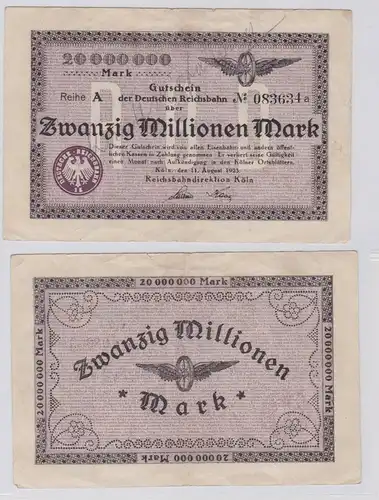 20 Millionen Mark Banknote Reichsbahndirektion Köln 11.8.1923 (137672)