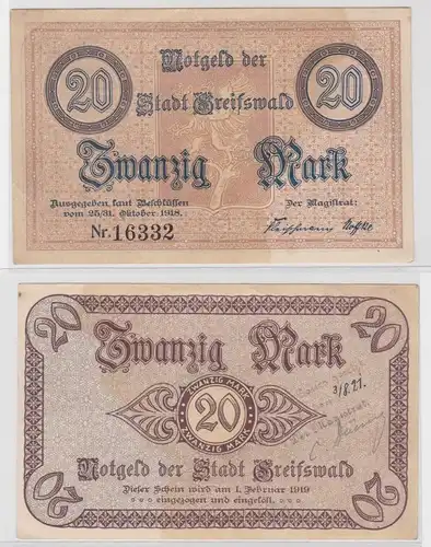 20 Mark Banknote Notgeld Stadt Greifswald 25/31. Oktober 1918 (136366)