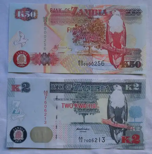 2 Banknoten 2 bis 50 Kwacha Sambia Zambia 2012 kassenfrisch (112393)