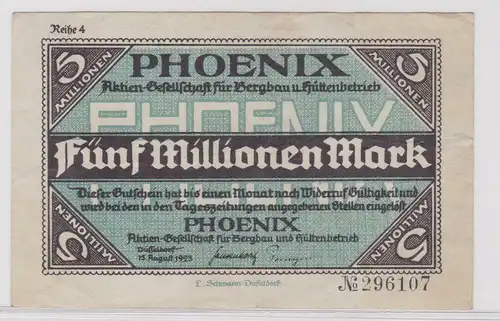 Banknote 5 Millionen Mark Düsseldorf Bergbau Hüttenbetrieb Phönix 1923 (137660)
