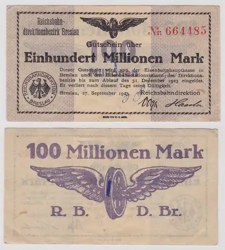 100 Millionen Mark Banknote Reichsbahndirektion Breslau 27.09.1923 (137648)