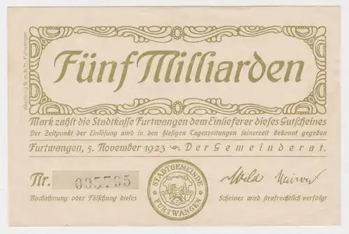 5 Milliarden Mark Banknote Gemeinderat Furtwangen 5.11.1923 (140273)