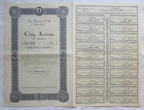 5.000 Francs Aktie Aux Armourins S.A. Neuchatel 1921 (137438)