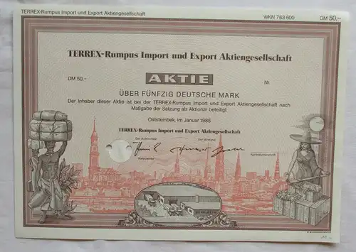 50 DM Aktie TERREX-Rumpus Import und Export AG Oststeinbek 1985 (141374)