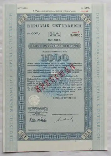 1000 DM Teilschuldverschreibung Republik Österreich Wien Oktober 1978 (130279)