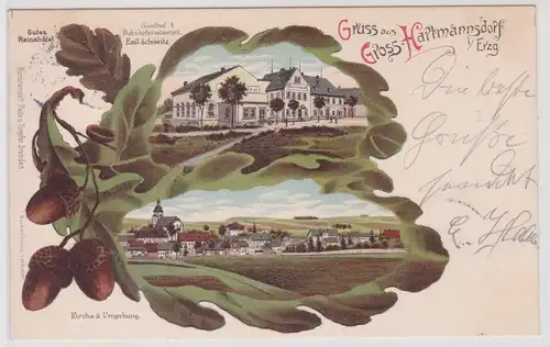 93787 Eichenblatt Ak Lithographie Gruß aus Groß-Hartmannsdorf im Erzgebirge 1903