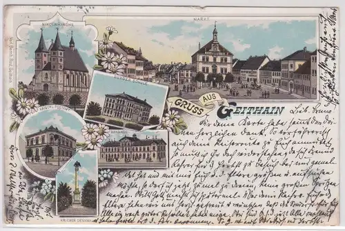 16332 Ak Lithographie Gruß aus Geithain Bahnhof, Kriegerdenkmal usw. 1898