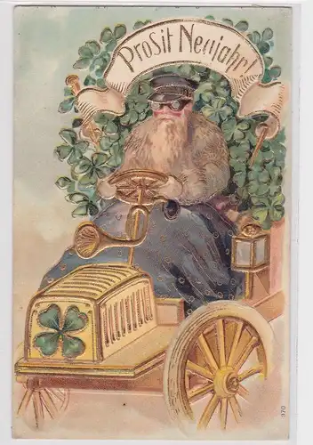 69199 Glückwunsch AK Prosit Neujahr! alter bärtiger Mann in Automobil 1908