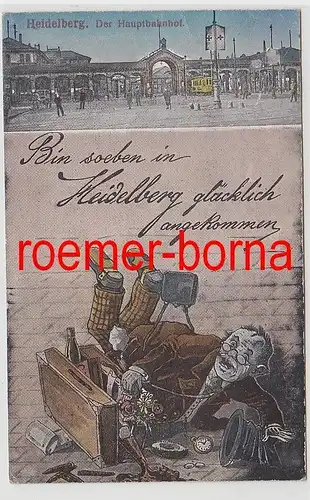 74633 Ak Humor Bin soeben in Heidelberg ... angekommen - Der Hauptbahnhof 1918
