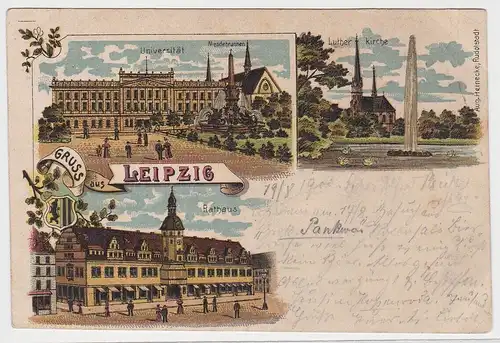 85222 Ak Lithographie Gruß aus Leipzig Universität, Lutherkirche usw. 1900