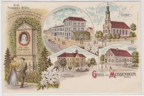 90028 Lithographie Ak Gruss aus Meissenheim - Grab Friederike Brions, Kirche usw