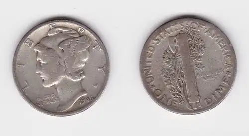 1 Dime Silber Münze USA Kopf der Liberty 1945 ss (152495)