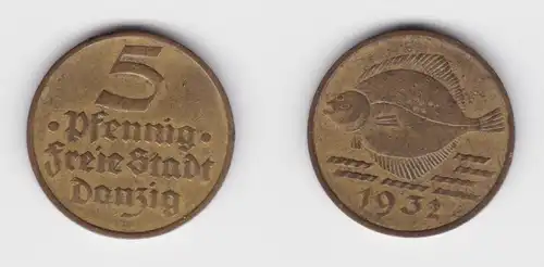 5 Pfennig Messing Münze Danzig 1932 Flunder ss (156334)