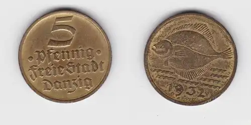 5 Pfennig Messing Münze Danzig 1932 Flunder ss (156339)