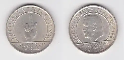 Silber Münze 3 Mark Verfassung "Schwurhand" 1929 A f.vz  (156068)