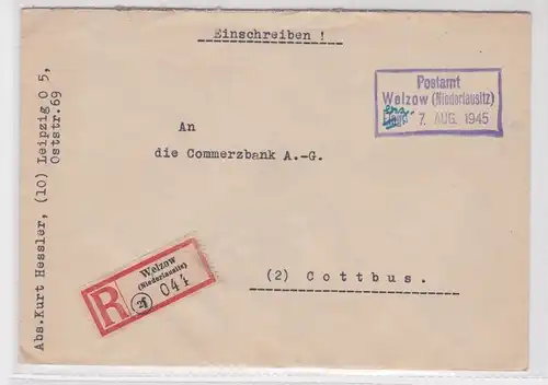 907061 Brief Einschreiben Postamt Welzow (Niederlausitz) bezahlt - Cottbus 1945
