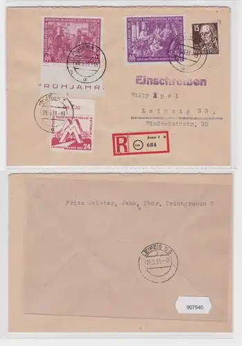 907540 DDR Brief Einschreiben Jena nach Leipzig Leipziger Messe 1950 + 1951