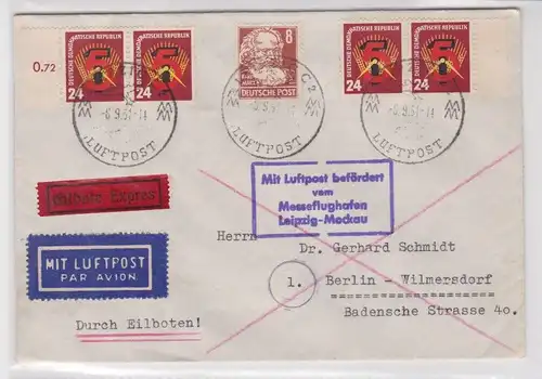 907438 DDR Brief Eilbote Exprès Luftpost Messeflughafen Leipzig-Mockau 1951