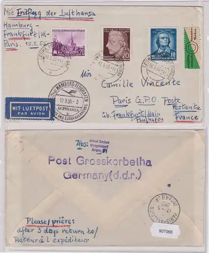 907066 DDR Brief Luftpost Hamburg-Flughafen Aufnahme des Europaverkehrs 1955