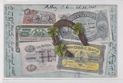 901182 Glückwunsch Ak mit Banknoten von Südafrika 1907