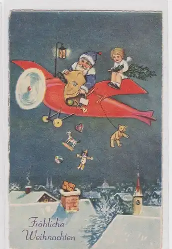908529 Fröhliche Weihnachten Ak Weihnachtsmann im Flugzeug verteilt Geschenke