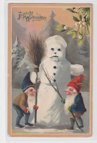 907010 Fröhliche Weihnachten Präge Ak 2 Zwerge bauen Schneemann um 1900