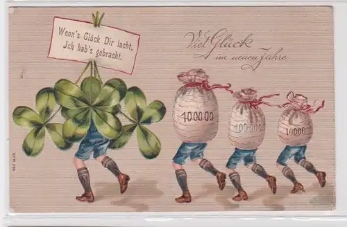 900434 Präge Ak Viel Glück im neuen Jahr Kleeblätter und Geldsäcke mit Beinen