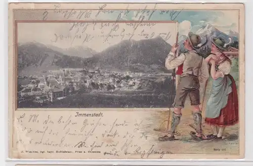 88142 Ak Präge Ak Lithographie Immenstadt Totalansicht und 2 Wanderer 1905