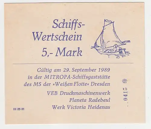 5 Mark Banknote Wertschein DDR Mitropa Schiffsgaststätte 1989 (116350)