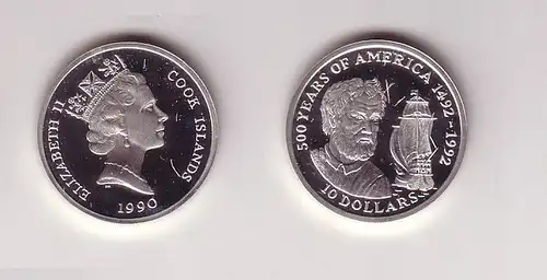 10 Dollar Silbermünze Cook Inseln 1990 500 Jahre Amerika Schiff Kolumbus(104358)