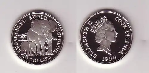 10 Dollar Silbermünze Cook Inseln 1990 Bedrohte Tierwelt Elefanten (108877)
