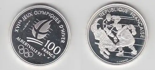 100 Franc Silber Münze Frankreich Olympia 1992 Albertville Eishockey (116547)