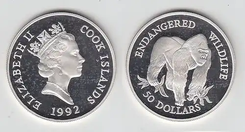 50 Dollar Silbermünze Cook Inseln 1992 bedrohte Tierwelt Flachlandgorilla 116410