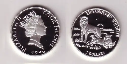 5 Dollar Silbermünze Cook Inseln 1996 bedrohte Tierwelt Löwenfamilie (113254)