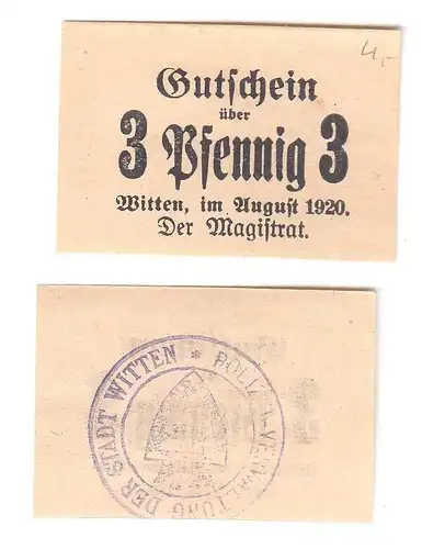 3 Pfennig Banknoten Notgeld Stadt Witten 1920 (112777)