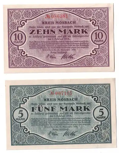 5 & 10 Mark Banknoten Notgeld Kreis Mosbach 15.11.1918 (110551)