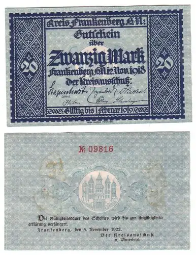 20 Mark Banknote Kreis Frankenberg Hessen Nassau 12.11.1918 (110213)