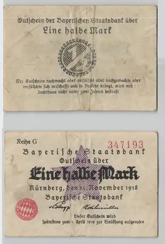 1/2 Mark Banknote Notgeld Nürnberg Bayerische Staatsbank 15. Nov. 1918 (129199)