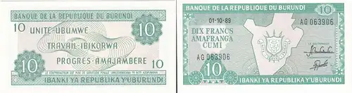 10 Francs Banknote Burundi 1989 bankfrisch UNC (129776)