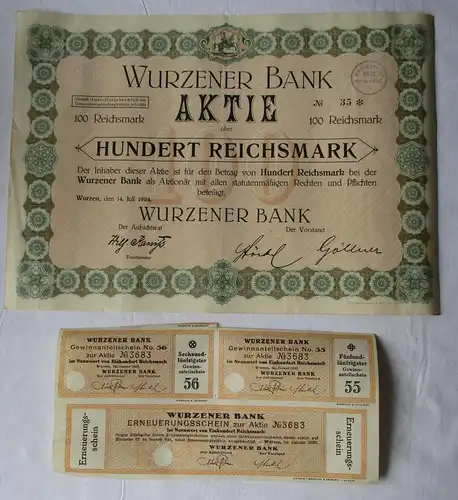 100 Reichsmark Aktie Wurzener Bank 14.März 1927 mit Zinsschein (129235)