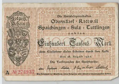 100000 Mark Inflation Banknote Stadtgemeinde Oberndorf usw. 28.8.1923 (129701)