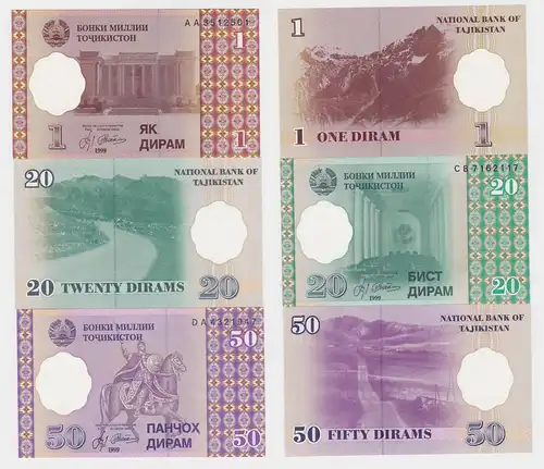 1 + 20 + 50 Dirams Banknote Tadschikistan 1999 kassenfrisch (123684)