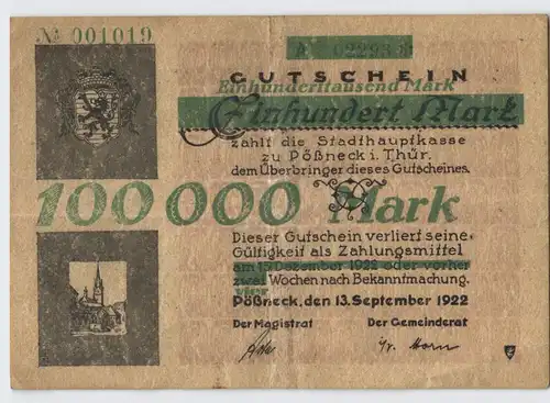 100000 Mark Banknote Gemeinde Pössneck 13.09.1923 (129217)